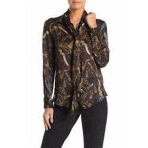 Catherine Malandrino Womens Brown Printed Tie Neck Long Sleeve Blouse Size PM